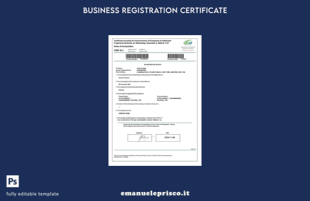 modello Word e PDF del certificato di costituzione del Sud Africa in stile verif